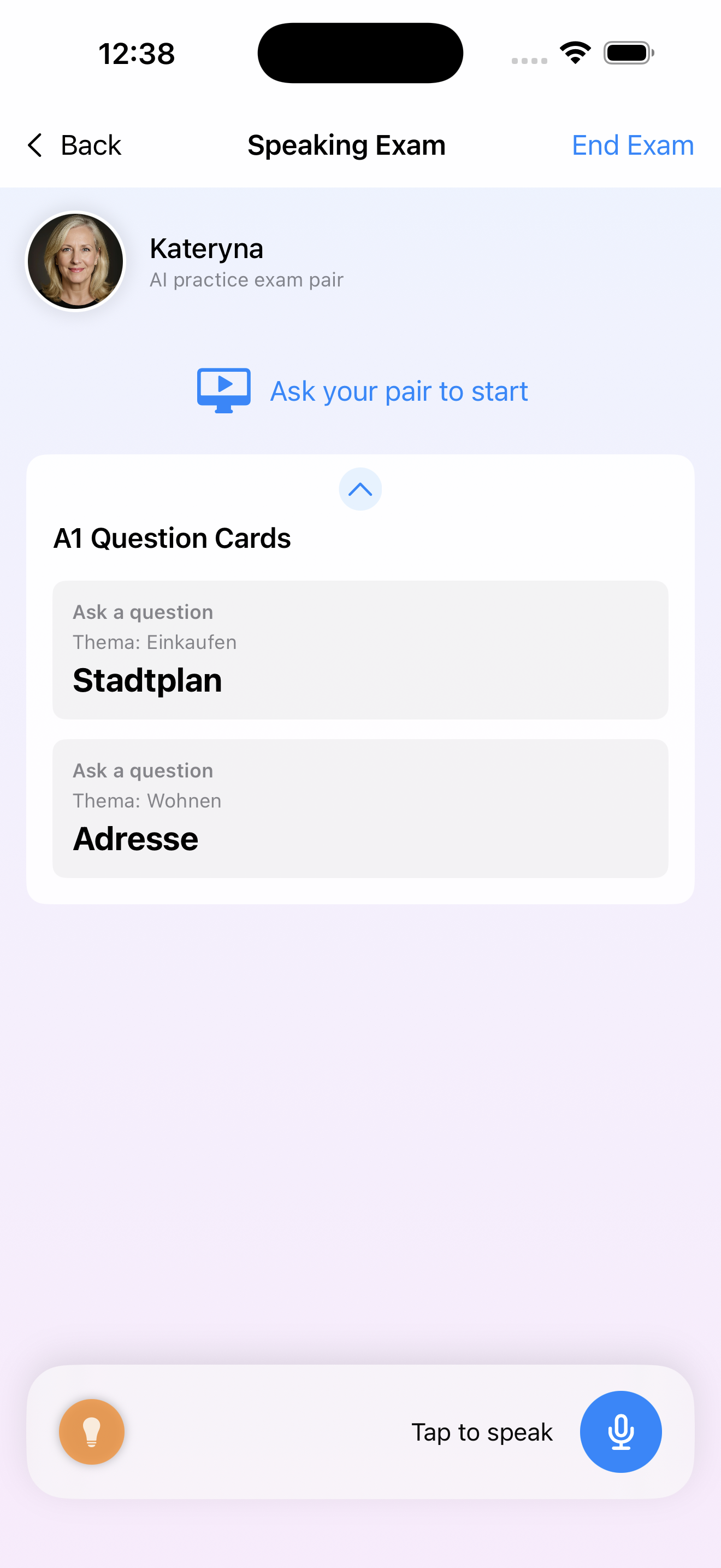 A1 question card speaking task in ZertFox