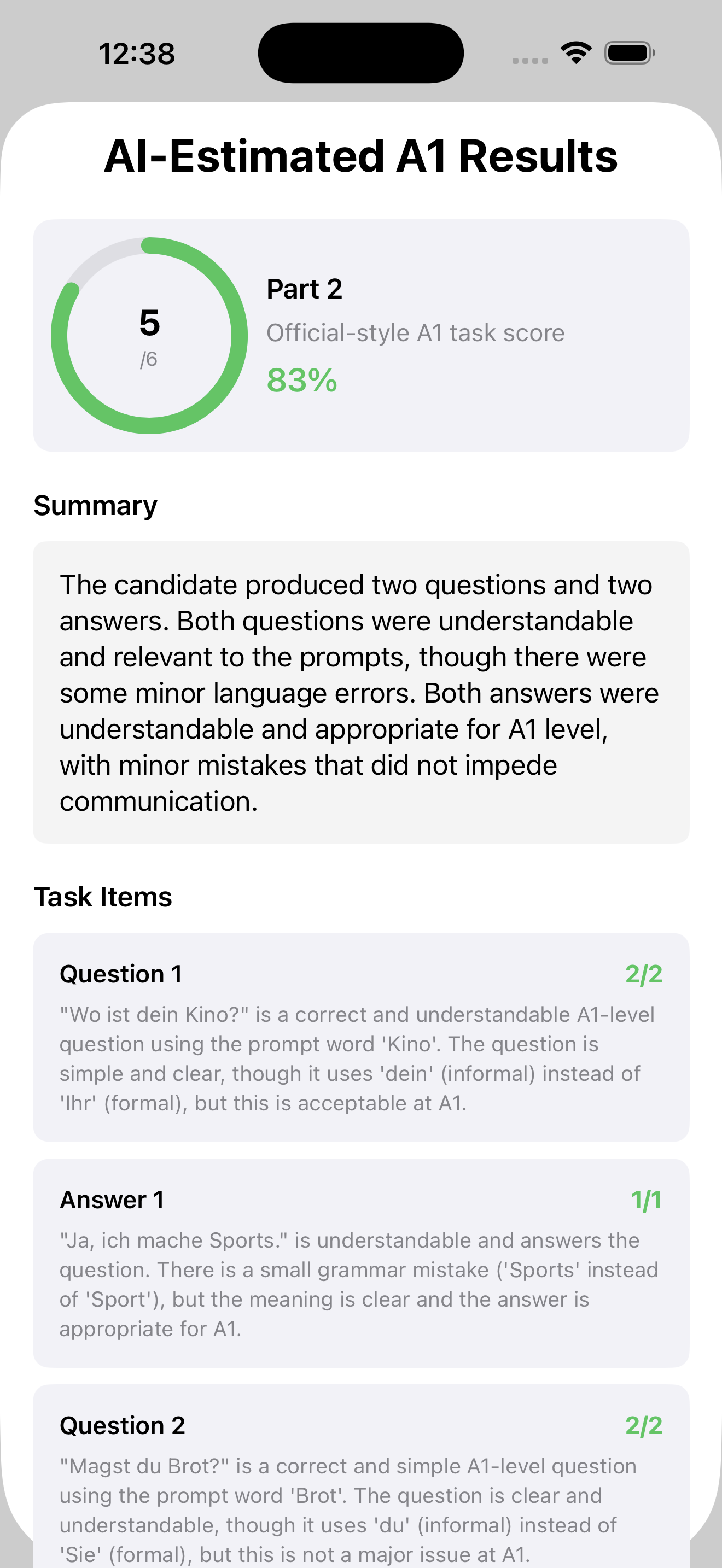 A1 speaking result summary in ZertFox