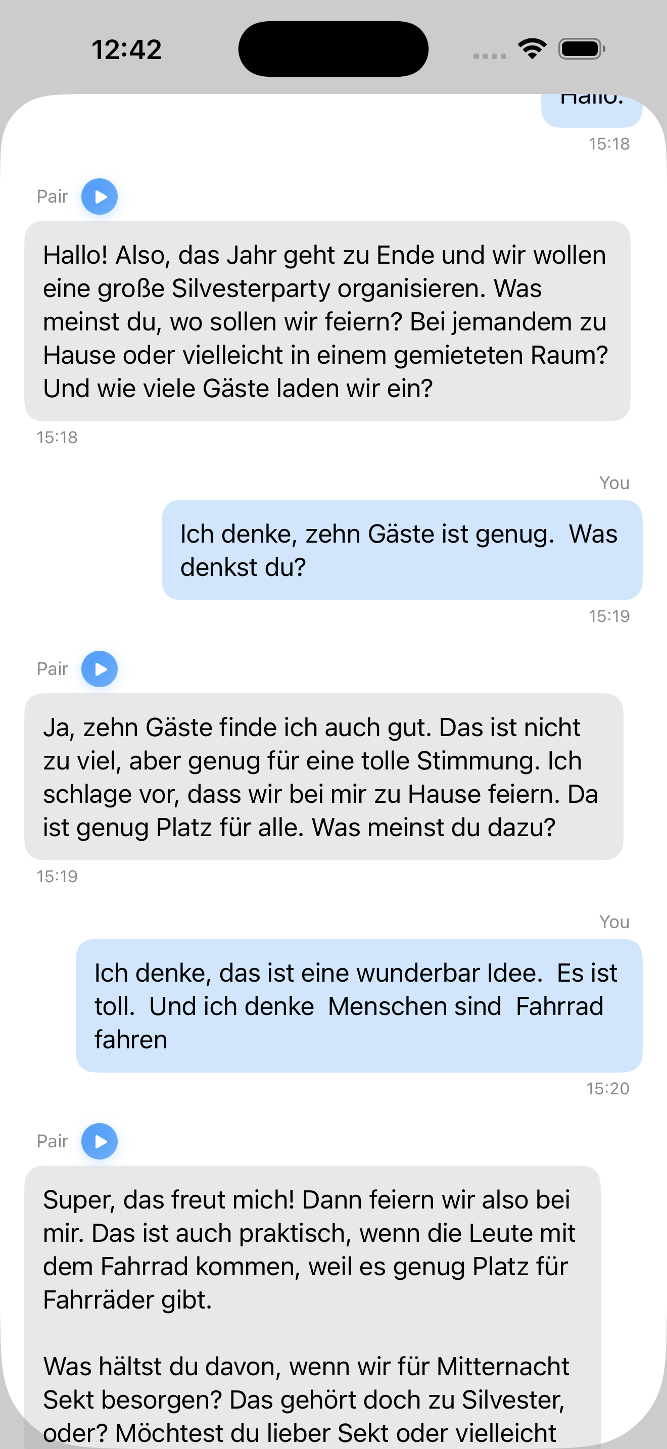Replayable German conversation history with audio playback