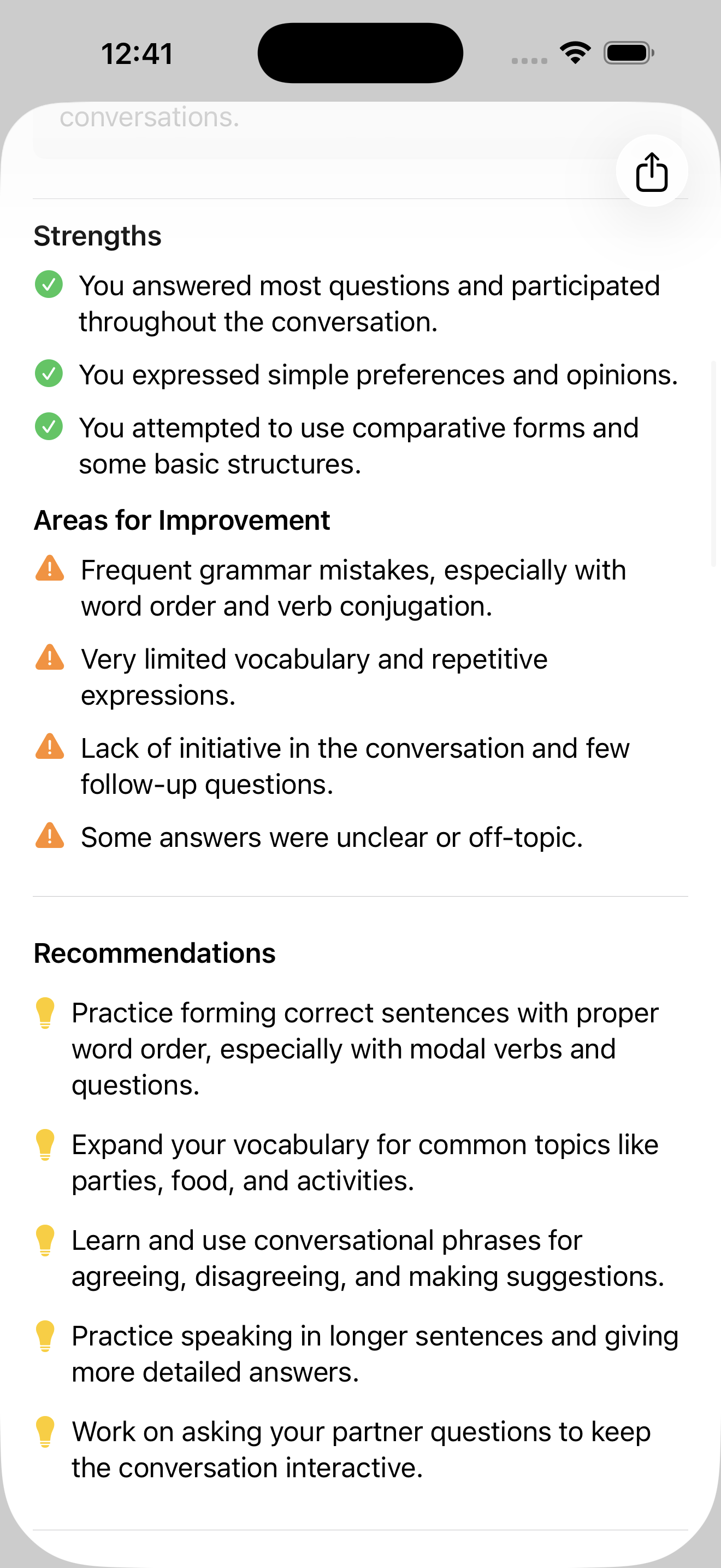 Improvement recommendations after a telc B1 speaking practice session