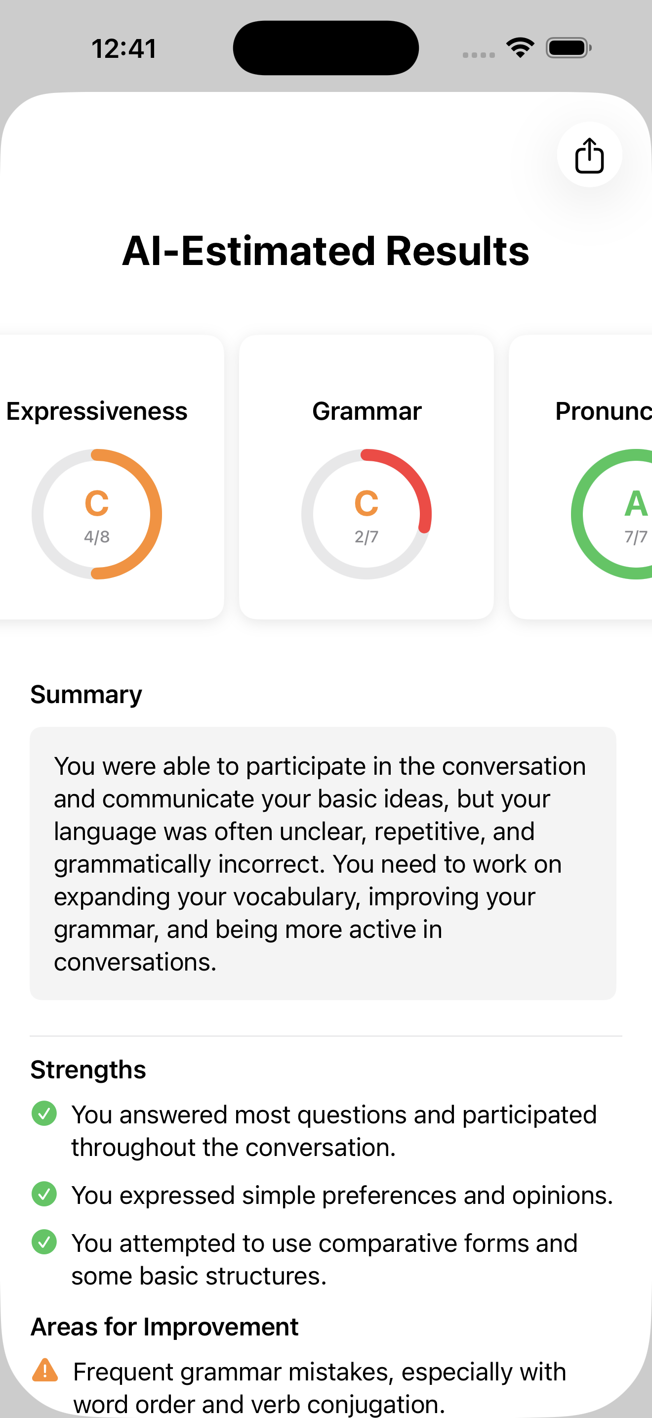 AI-estimated telc speaking results with grades for expressiveness, grammar and pronunciation