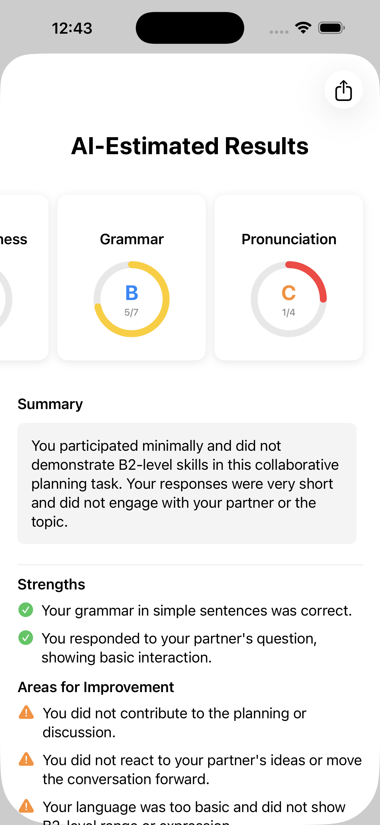 B2 AI-estimated speaking feedback in ZertFox