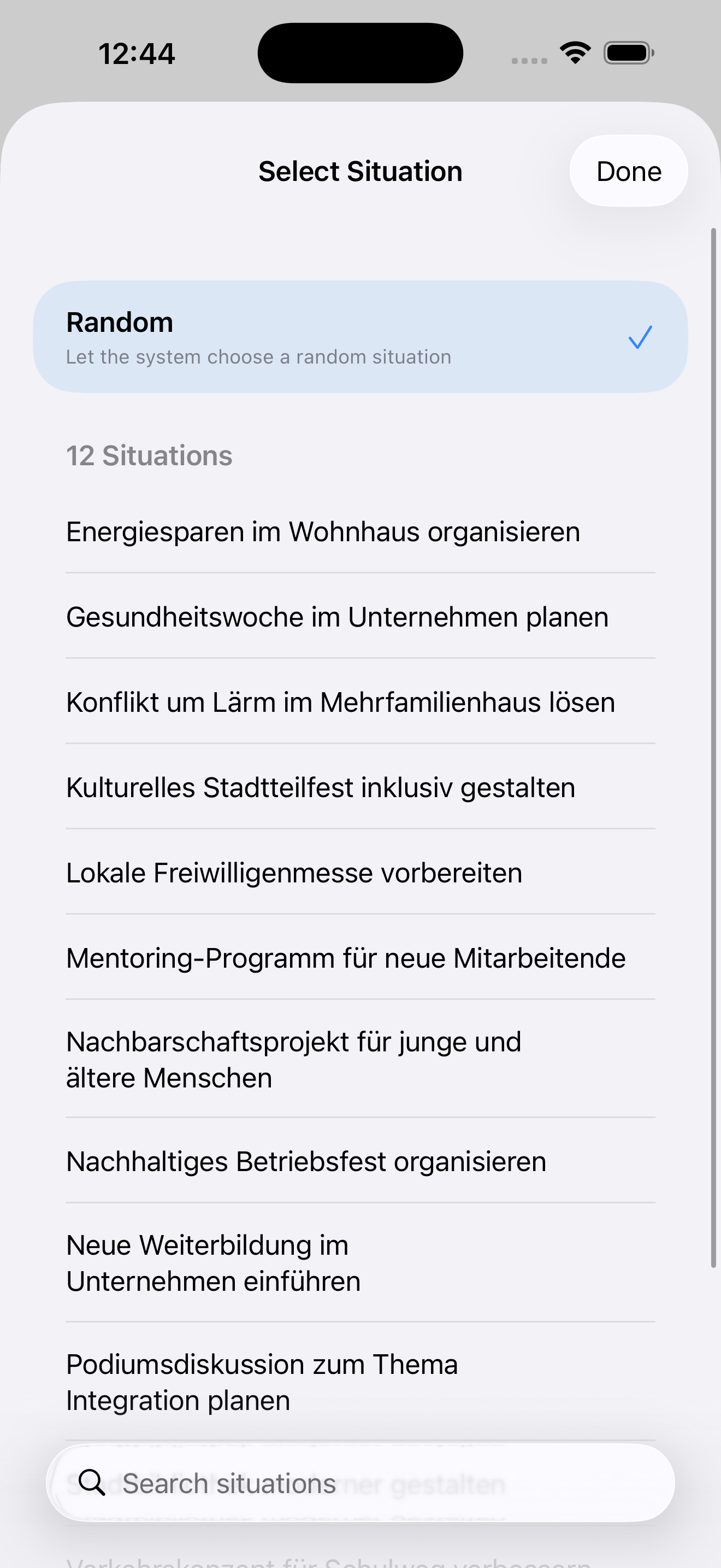 B2 situation picker for German planning practice in ZertFox