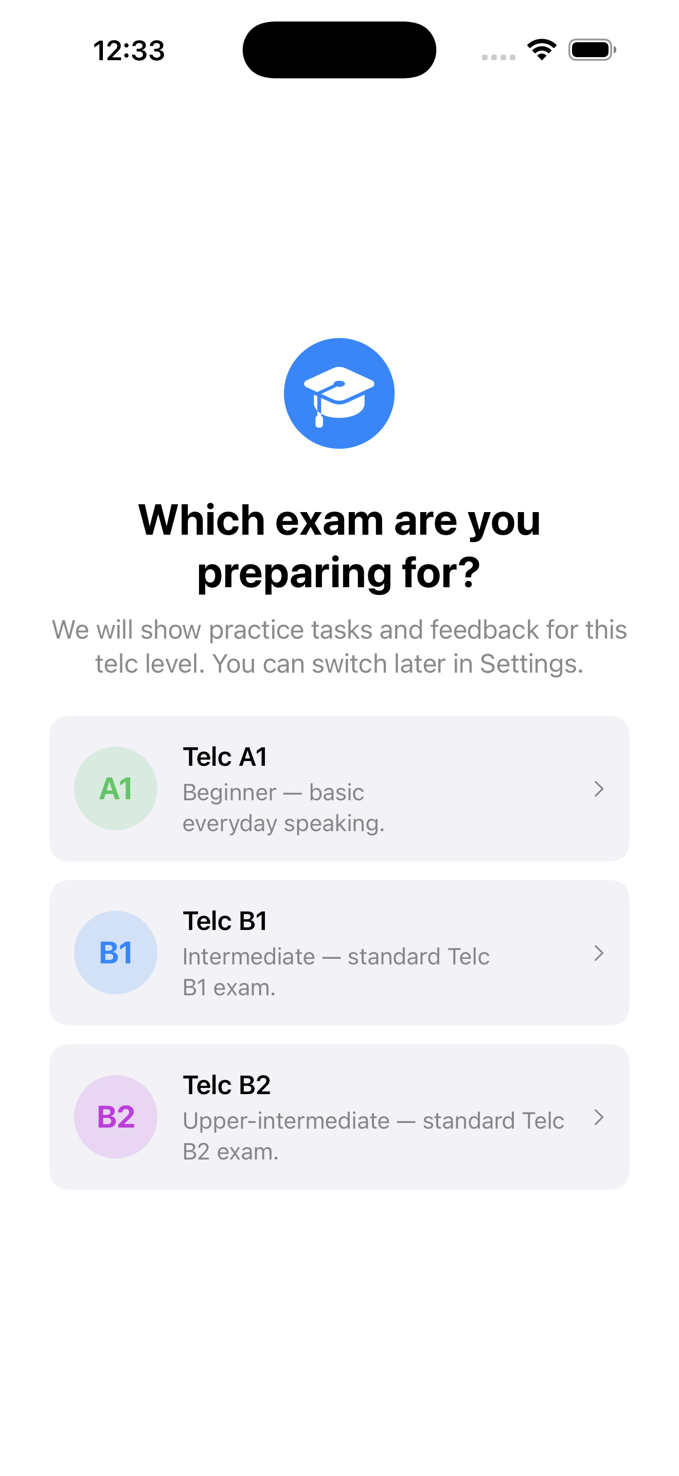 ZertFox level picker with German exam levels A1, B1 and B2