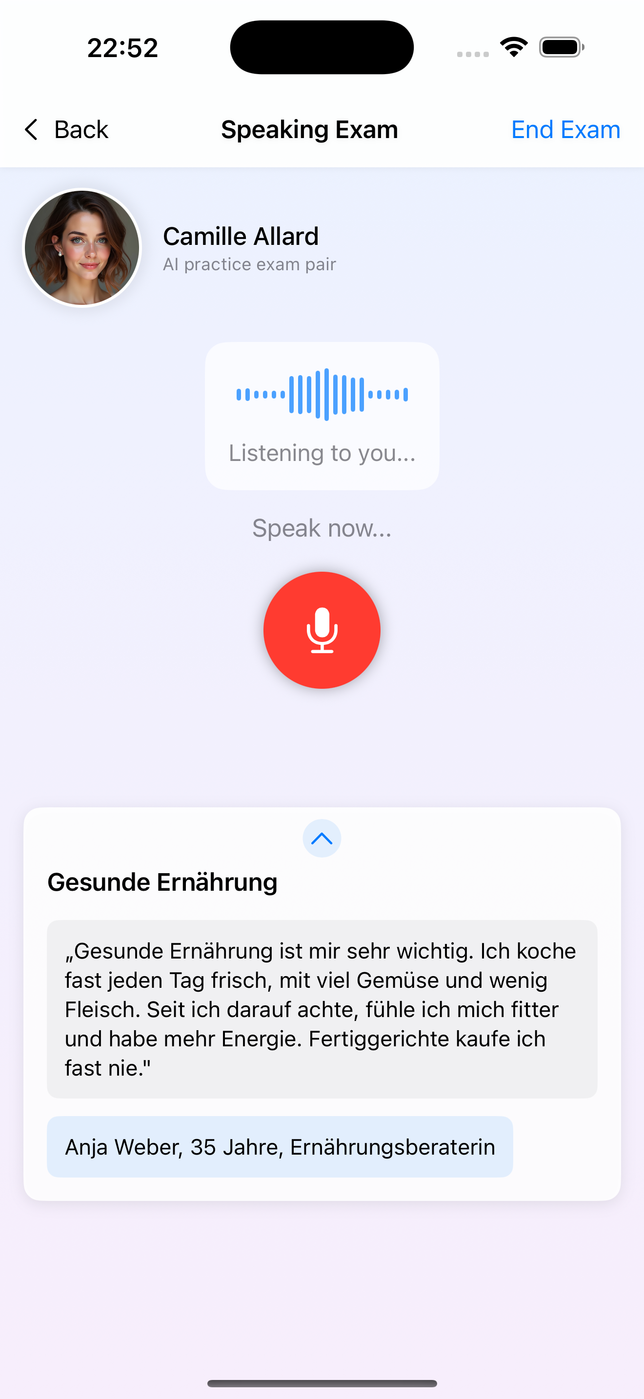 ZertFox speaking exam screen: AI partner Camille listens while you answer a telc Teil 2 topic card about gesunde Ernährung